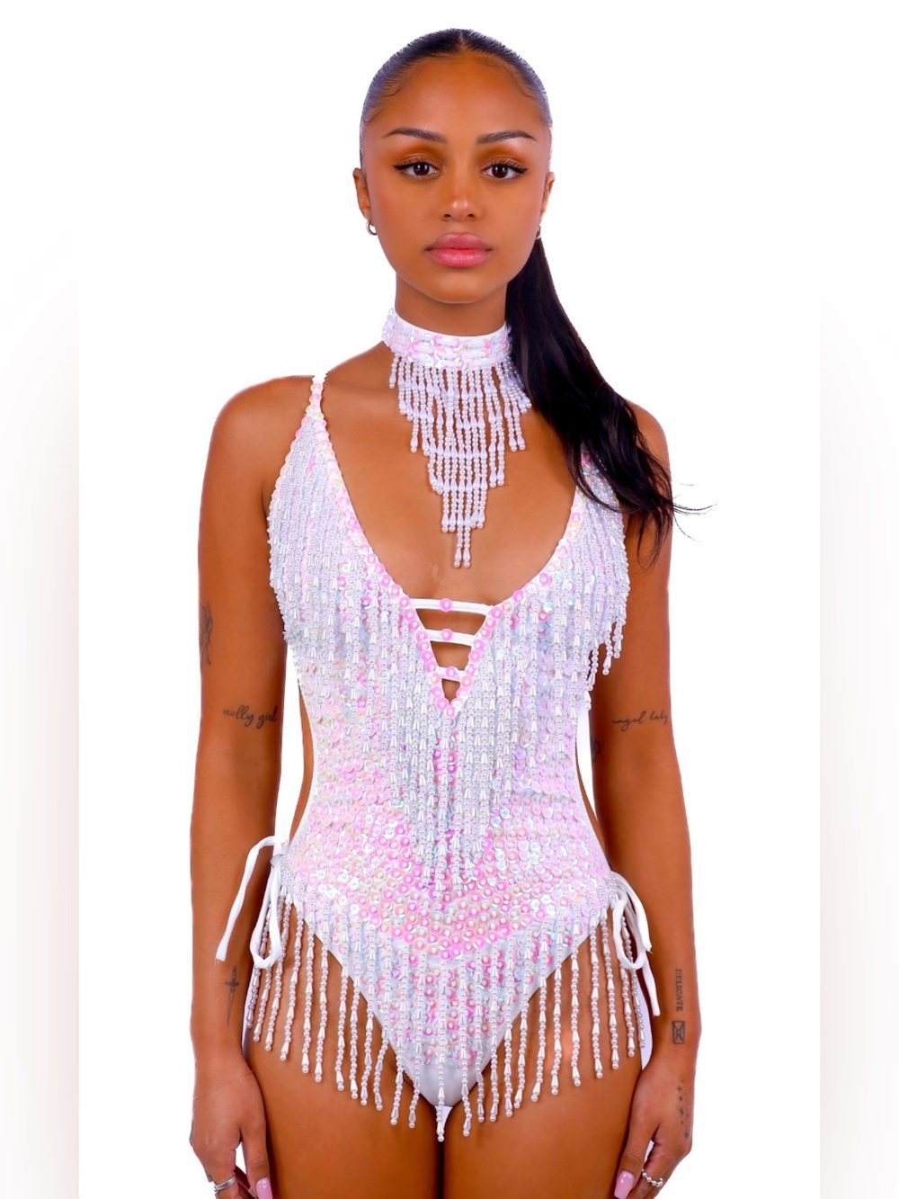 NWT The Lumi Shop Hand Stitched Sequin Fringe V-Neck Bodysuit Iridescent Pink Sm